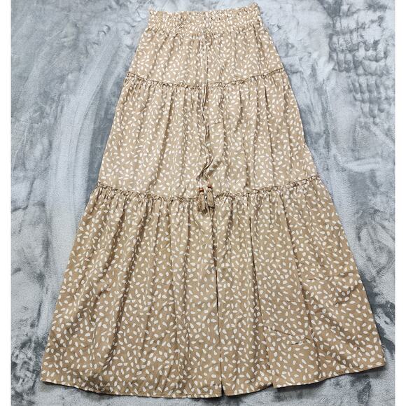 Main Strip Dresses & Skirts - NEW Main Strip Skirt Women L Tan White Pull On Tiered Maxi Drawstring Wood Beads